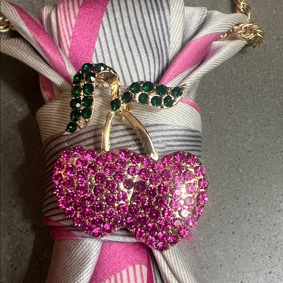 Pink and Gray Striped Necktie Necklace with Gold Chain and cherry brooch - Picture 2 of 3